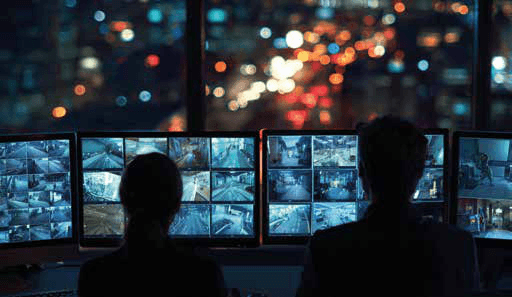 Operadores de la central de monitoreo de Save Me observando múltiples cámaras de seguridad de noche