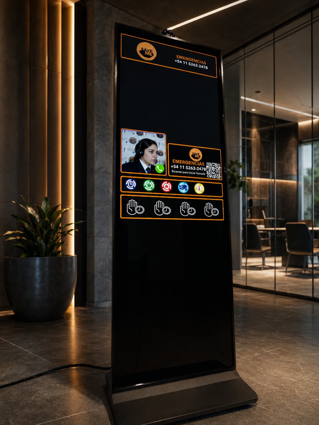 Vigilador Virtual Save Me junto al acceso de un edificio con iluminación nocturna