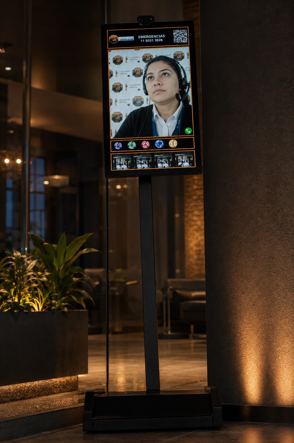 Operadora con auriculares en la pantalla del Vigilador Virtual Save Me, instalado sobre un pedestal