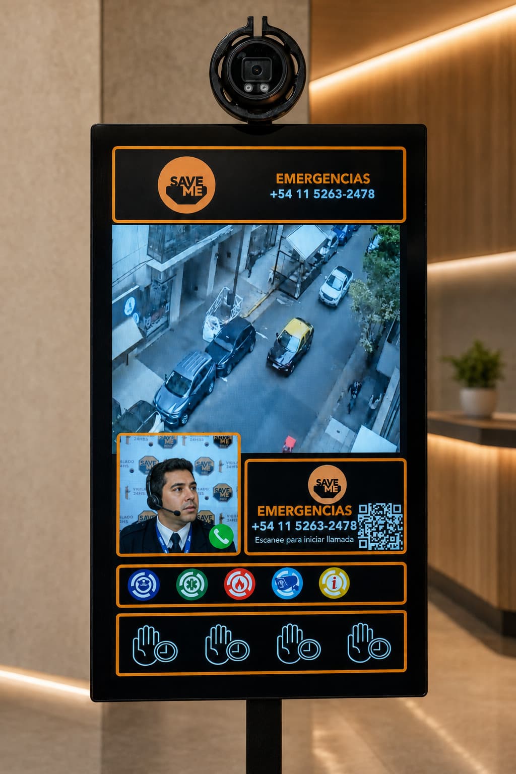 Detalle de la pantalla: cámara del acceso, operador, QR y botones de asistencia
