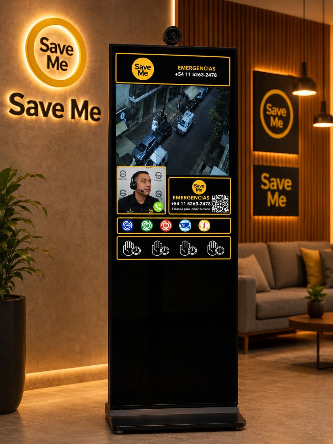 Tótem negro Save Me con cámara superior y pantalla interactiva en una recepción